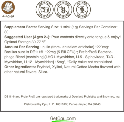 Opu Probiotics Mocha Instant Dissolve Pre + Probiotic Packets! 30 Day Supply
